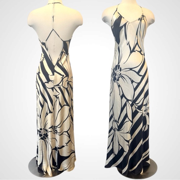 2001 Victoria’s Secret Silk Bold Floral Cream Black Halter Maxi Gown Slip Dress - Picture 4 of 7